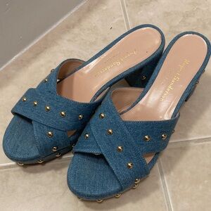 Rupert Sanderson Blue Denim Mules with Gold Accents